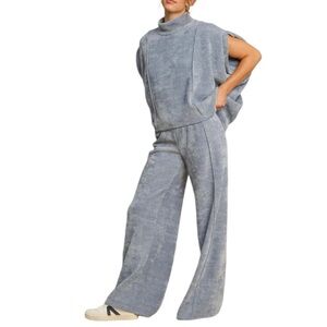 Denim Blue Soft Knit Pullover Top with Wide leg Pant Set